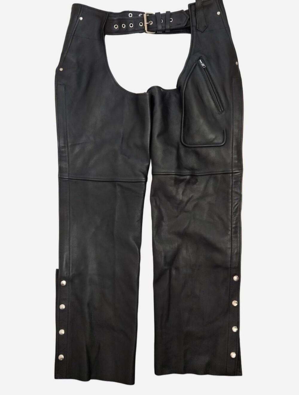 UNISEX Black leather motorcycle riding chaps with snaps & zipper on sides size M